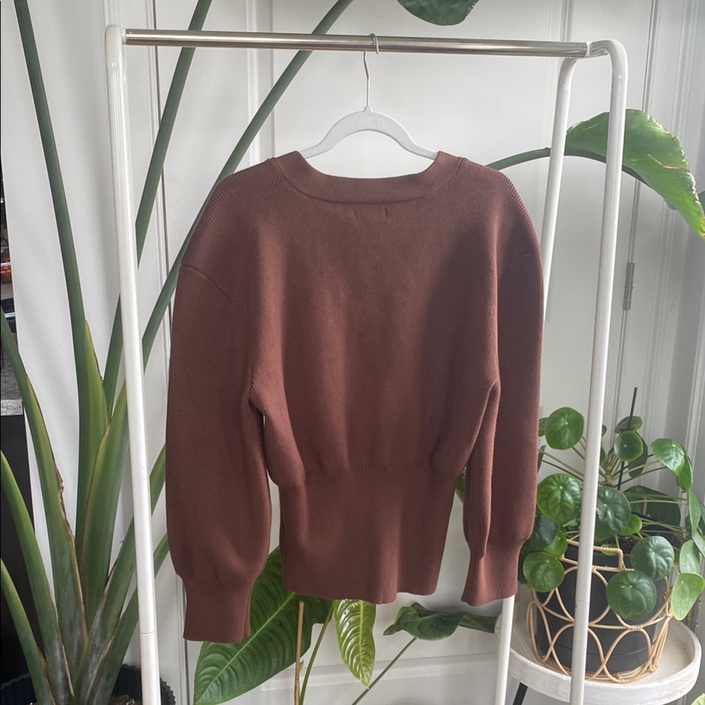 NWOT Brown V-Neck Sweater with Gold Button - Picture 4 of 9